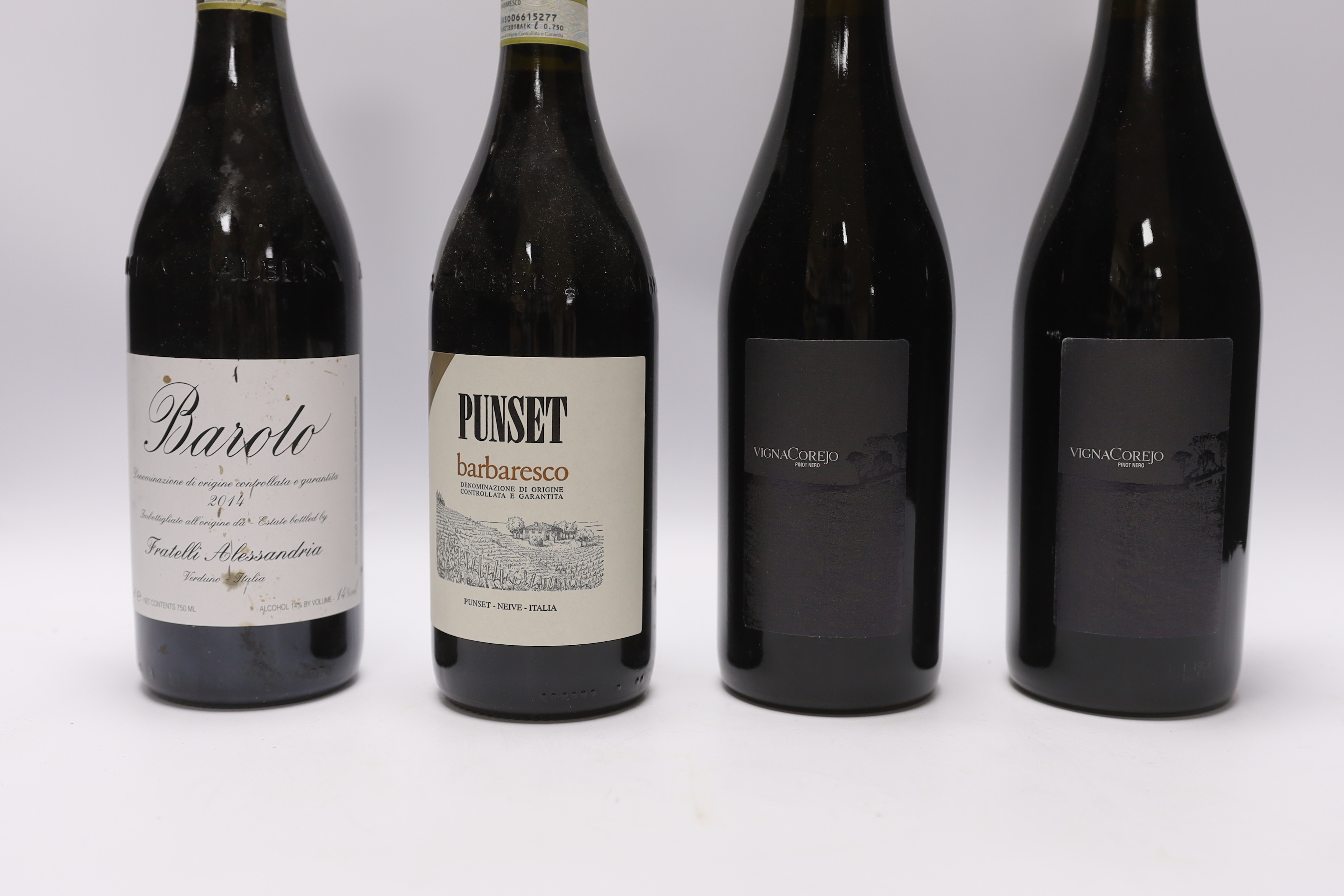 Six bottles of wine and three bottles of champagne including a bottle of 2014 Barolo, two bottles of Punset 2012 and three bottles of Vigny Corejo (Pinot)